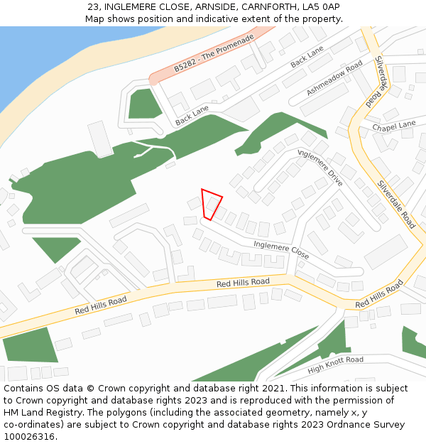 23, INGLEMERE CLOSE, ARNSIDE, CARNFORTH, LA5 0AP: Location map and indicative extent of plot