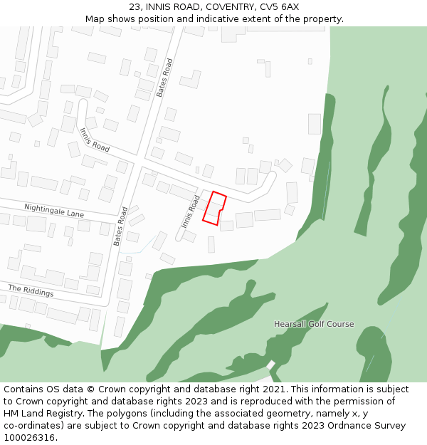 23, INNIS ROAD, COVENTRY, CV5 6AX: Location map and indicative extent of plot