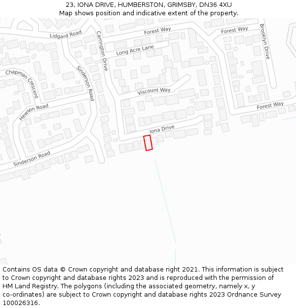 23, IONA DRIVE, HUMBERSTON, GRIMSBY, DN36 4XU: Location map and indicative extent of plot