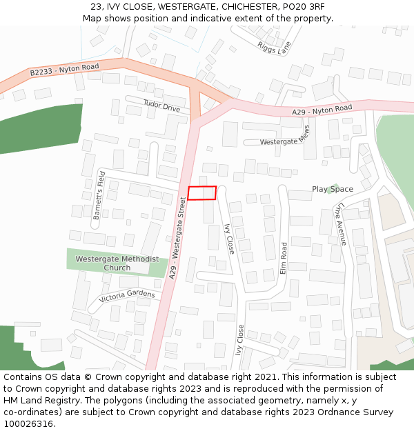 23, IVY CLOSE, WESTERGATE, CHICHESTER, PO20 3RF: Location map and indicative extent of plot