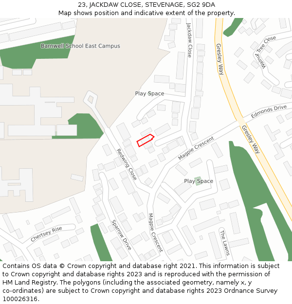 23, JACKDAW CLOSE, STEVENAGE, SG2 9DA: Location map and indicative extent of plot