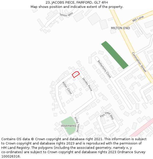 23, JACOBS PIECE, FAIRFORD, GL7 4FH: Location map and indicative extent of plot