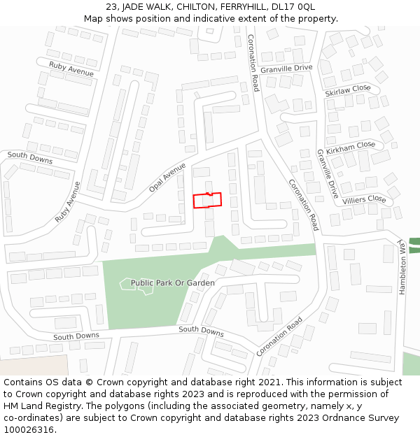 23, JADE WALK, CHILTON, FERRYHILL, DL17 0QL: Location map and indicative extent of plot