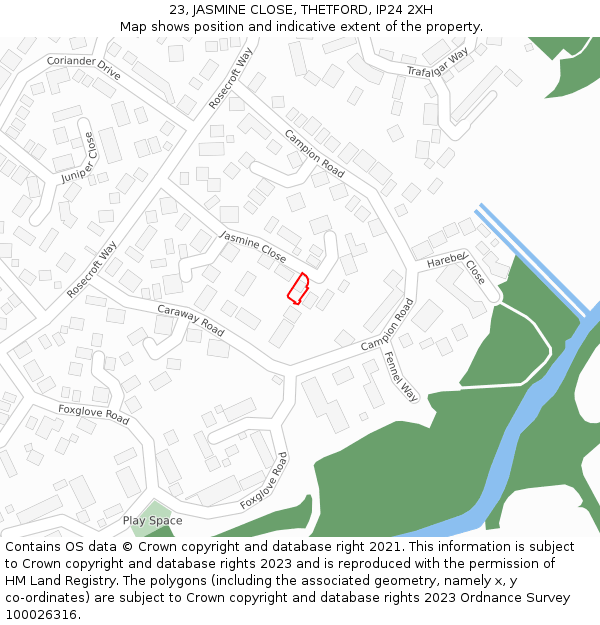 23, JASMINE CLOSE, THETFORD, IP24 2XH: Location map and indicative extent of plot