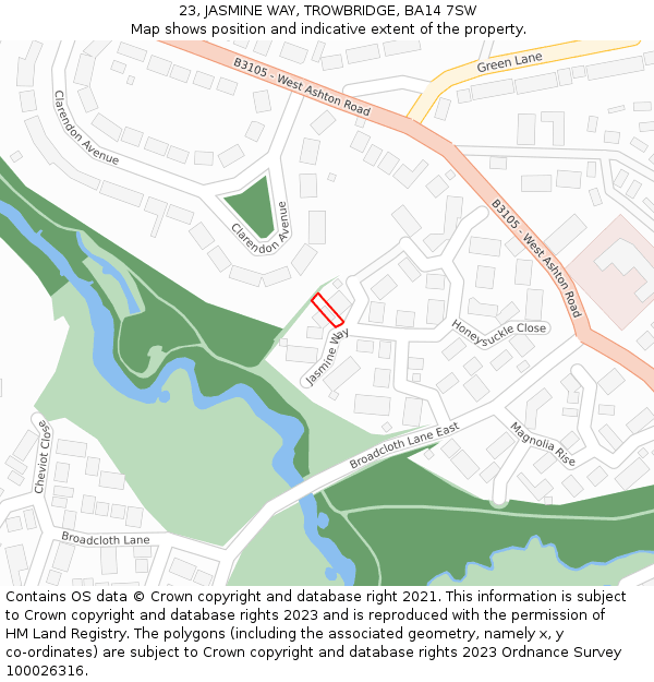 23, JASMINE WAY, TROWBRIDGE, BA14 7SW: Location map and indicative extent of plot