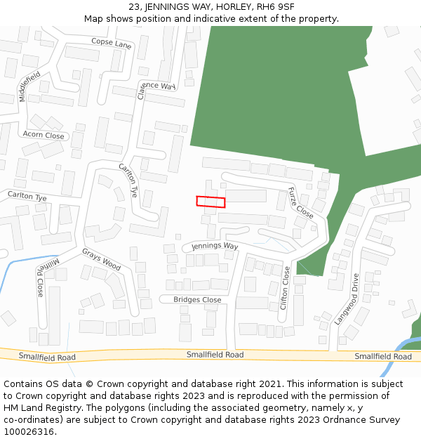 23, JENNINGS WAY, HORLEY, RH6 9SF: Location map and indicative extent of plot