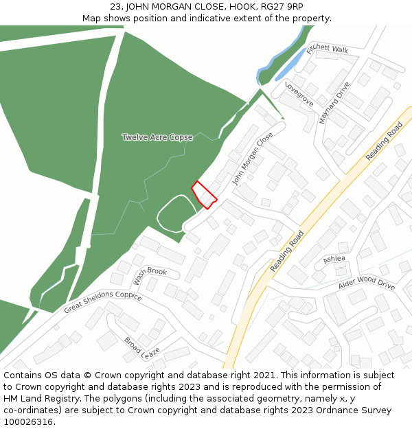 23, JOHN MORGAN CLOSE, HOOK, RG27 9RP: Location map and indicative extent of plot