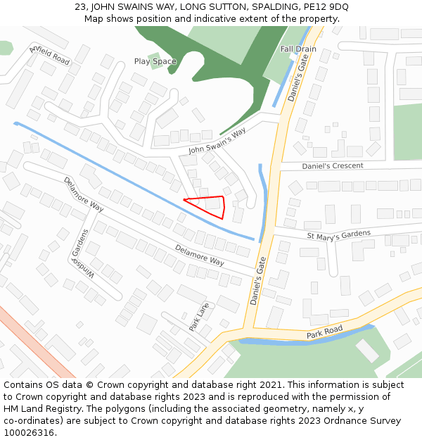 23, JOHN SWAINS WAY, LONG SUTTON, SPALDING, PE12 9DQ: Location map and indicative extent of plot