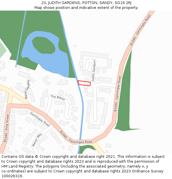 23, JUDITH GARDENS, POTTON, SANDY, SG19 2RJ: Location map and indicative extent of plot