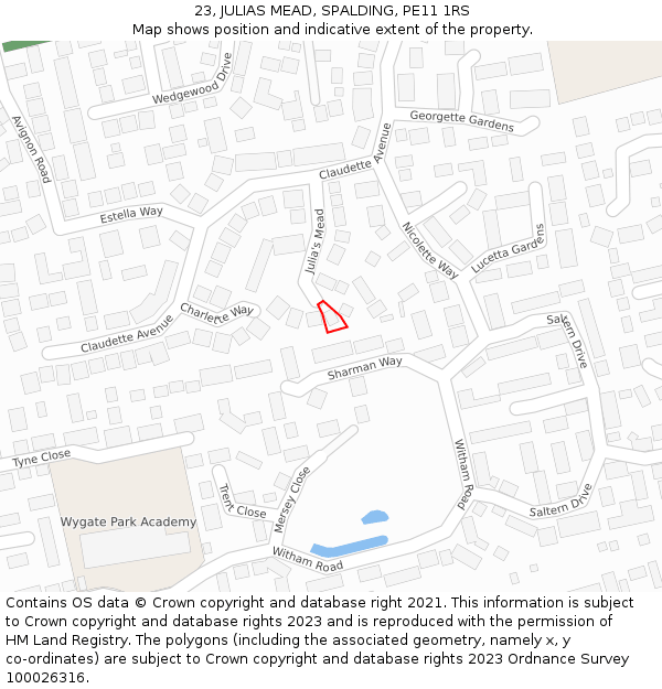 23, JULIAS MEAD, SPALDING, PE11 1RS: Location map and indicative extent of plot