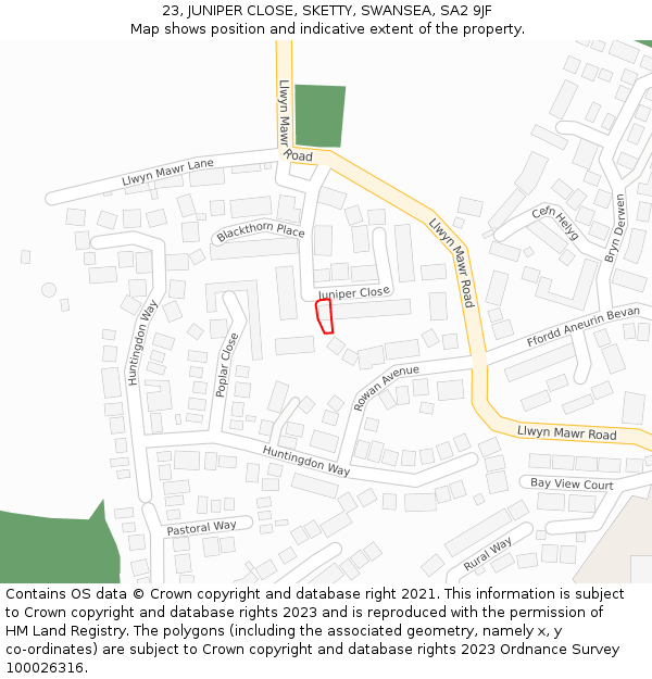 23, JUNIPER CLOSE, SKETTY, SWANSEA, SA2 9JF: Location map and indicative extent of plot