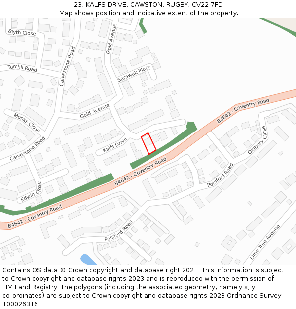 23, KALFS DRIVE, CAWSTON, RUGBY, CV22 7FD: Location map and indicative extent of plot