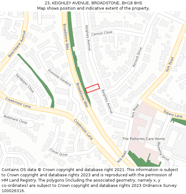 23, KEIGHLEY AVENUE, BROADSTONE, BH18 8HS: Location map and indicative extent of plot