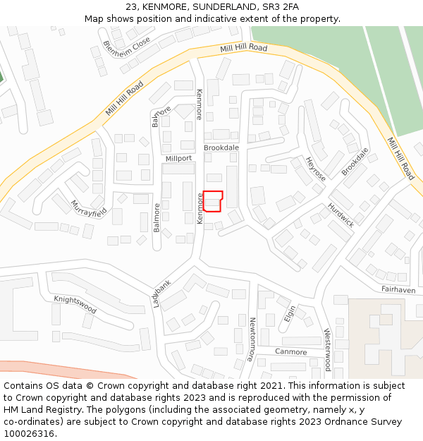 23, KENMORE, SUNDERLAND, SR3 2FA: Location map and indicative extent of plot