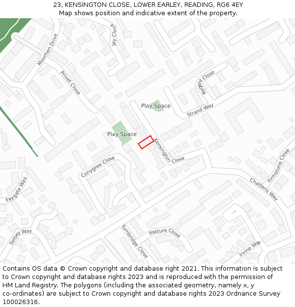 23, KENSINGTON CLOSE, LOWER EARLEY, READING, RG6 4EY: Location map and indicative extent of plot