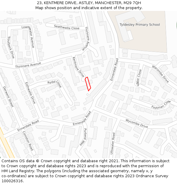 23, KENTMERE DRIVE, ASTLEY, MANCHESTER, M29 7QH: Location map and indicative extent of plot