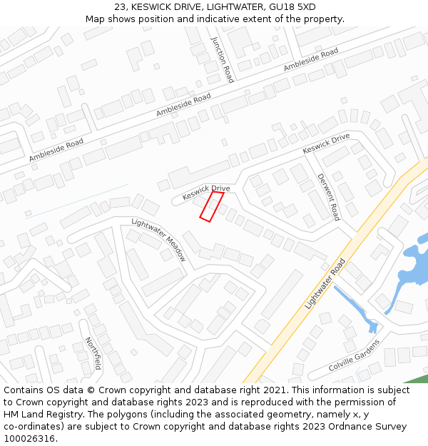 23, KESWICK DRIVE, LIGHTWATER, GU18 5XD: Location map and indicative extent of plot