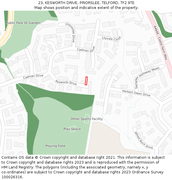 23, KESWORTH DRIVE, PRIORSLEE, TELFORD, TF2 9TE: Location map and indicative extent of plot