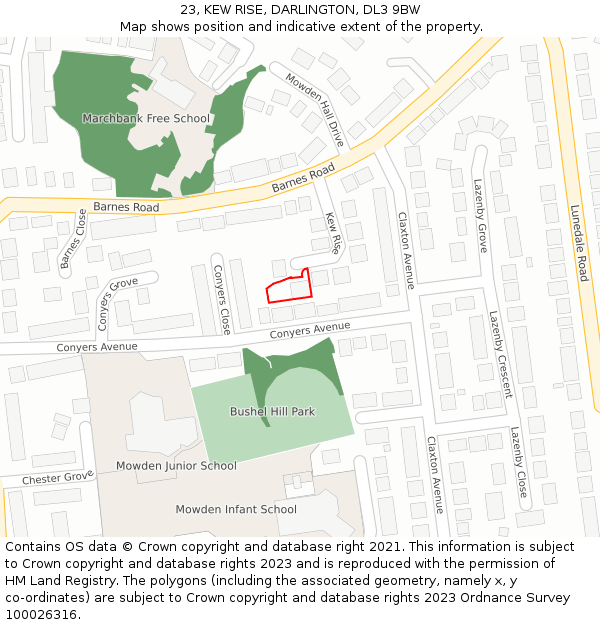23, KEW RISE, DARLINGTON, DL3 9BW: Location map and indicative extent of plot