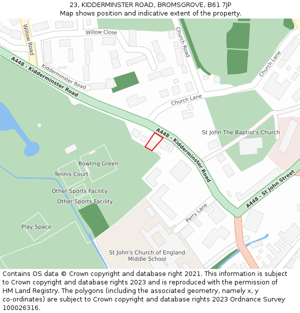 23, KIDDERMINSTER ROAD, BROMSGROVE, B61 7JP: Location map and indicative extent of plot