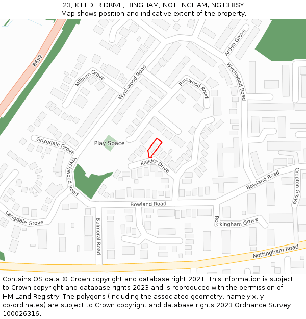 23, KIELDER DRIVE, BINGHAM, NOTTINGHAM, NG13 8SY: Location map and indicative extent of plot