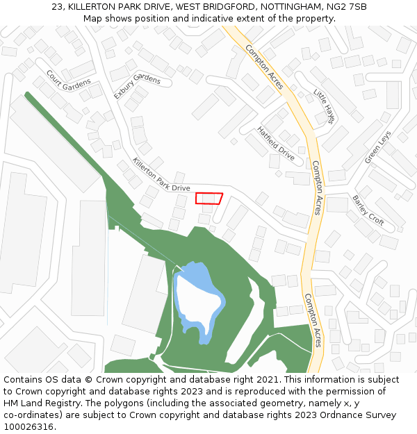 23, KILLERTON PARK DRIVE, WEST BRIDGFORD, NOTTINGHAM, NG2 7SB: Location map and indicative extent of plot