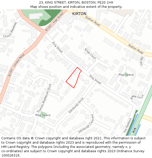 23, KING STREET, KIRTON, BOSTON, PE20 1HX: Location map and indicative extent of plot