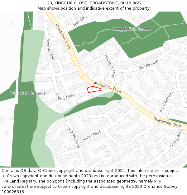 23, KINGCUP CLOSE, BROADSTONE, BH18 9GS: Location map and indicative extent of plot