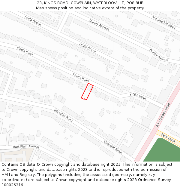 23, KINGS ROAD, COWPLAIN, WATERLOOVILLE, PO8 8UR: Location map and indicative extent of plot