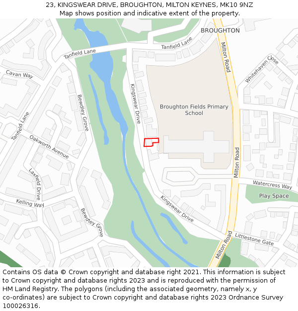 23, KINGSWEAR DRIVE, BROUGHTON, MILTON KEYNES, MK10 9NZ: Location map and indicative extent of plot