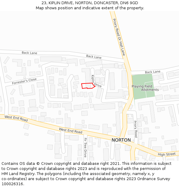 23, KIPLIN DRIVE, NORTON, DONCASTER, DN6 9GD: Location map and indicative extent of plot
