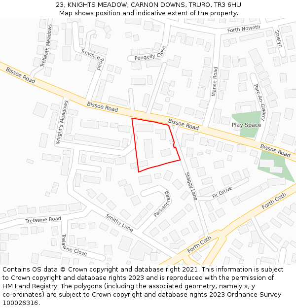 23, KNIGHTS MEADOW, CARNON DOWNS, TRURO, TR3 6HU: Location map and indicative extent of plot