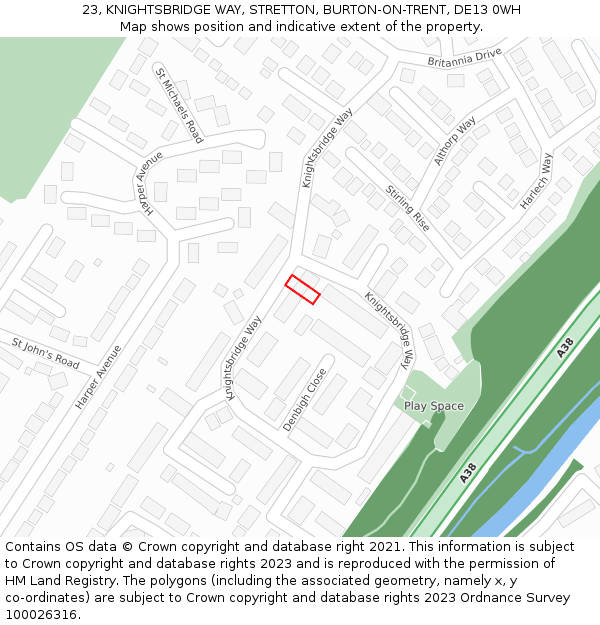 23, KNIGHTSBRIDGE WAY, STRETTON, BURTON-ON-TRENT, DE13 0WH: Location map and indicative extent of plot
