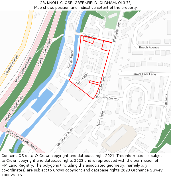 23, KNOLL CLOSE, GREENFIELD, OLDHAM, OL3 7FJ: Location map and indicative extent of plot