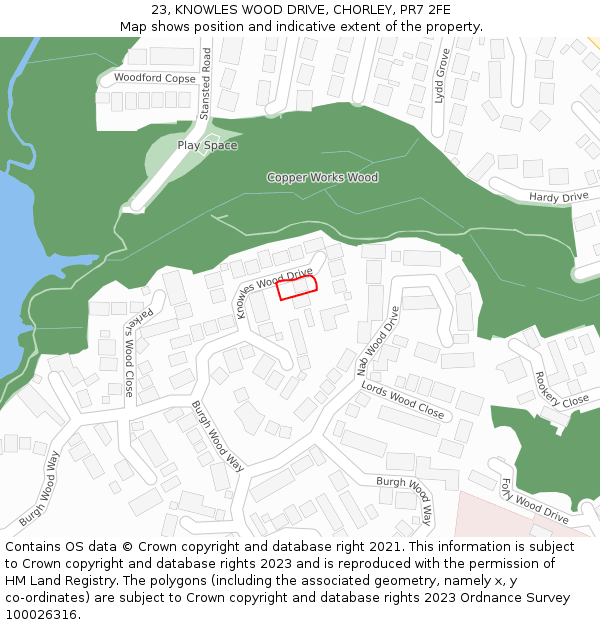 23, KNOWLES WOOD DRIVE, CHORLEY, PR7 2FE: Location map and indicative extent of plot