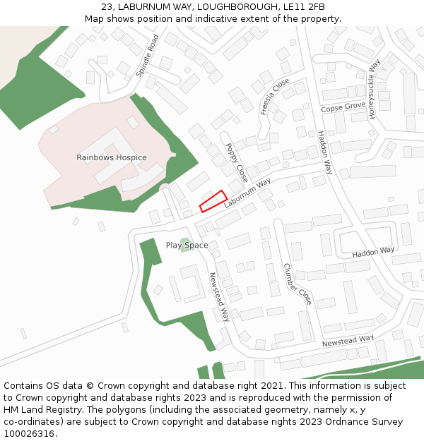 23, LABURNUM WAY, LOUGHBOROUGH, LE11 2FB: Location map and indicative extent of plot
