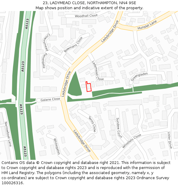 23, LADYMEAD CLOSE, NORTHAMPTON, NN4 9SE: Location map and indicative extent of plot