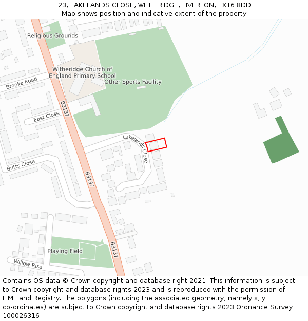 23, LAKELANDS CLOSE, WITHERIDGE, TIVERTON, EX16 8DD: Location map and indicative extent of plot