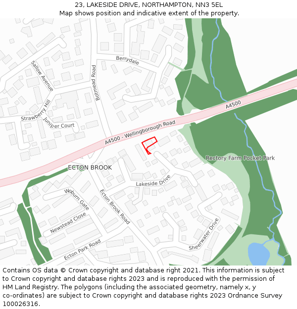 23, LAKESIDE DRIVE, NORTHAMPTON, NN3 5EL: Location map and indicative extent of plot