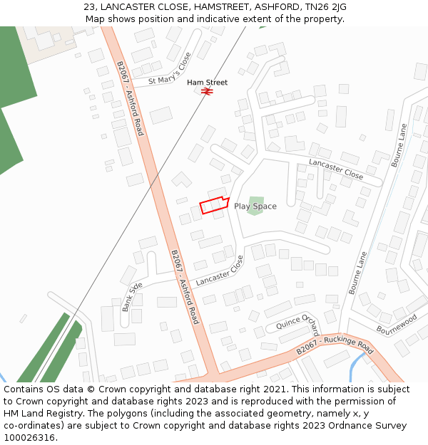 23, LANCASTER CLOSE, HAMSTREET, ASHFORD, TN26 2JG: Location map and indicative extent of plot