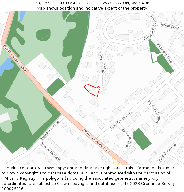 23, LANGDEN CLOSE, CULCHETH, WARRINGTON, WA3 4DR: Location map and indicative extent of plot