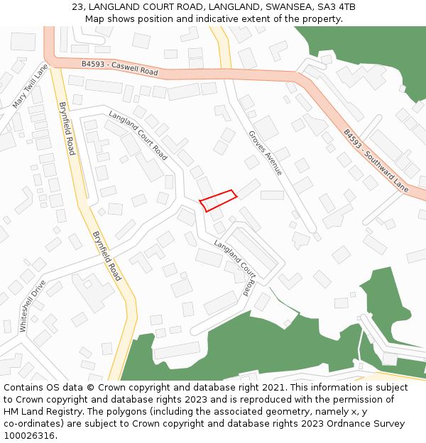 23, LANGLAND COURT ROAD, LANGLAND, SWANSEA, SA3 4TB: Location map and indicative extent of plot