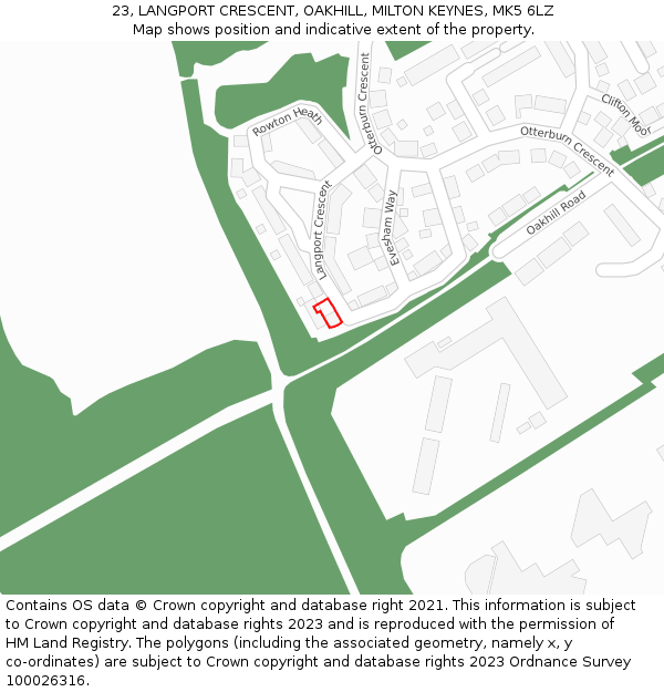 23, LANGPORT CRESCENT, OAKHILL, MILTON KEYNES, MK5 6LZ: Location map and indicative extent of plot