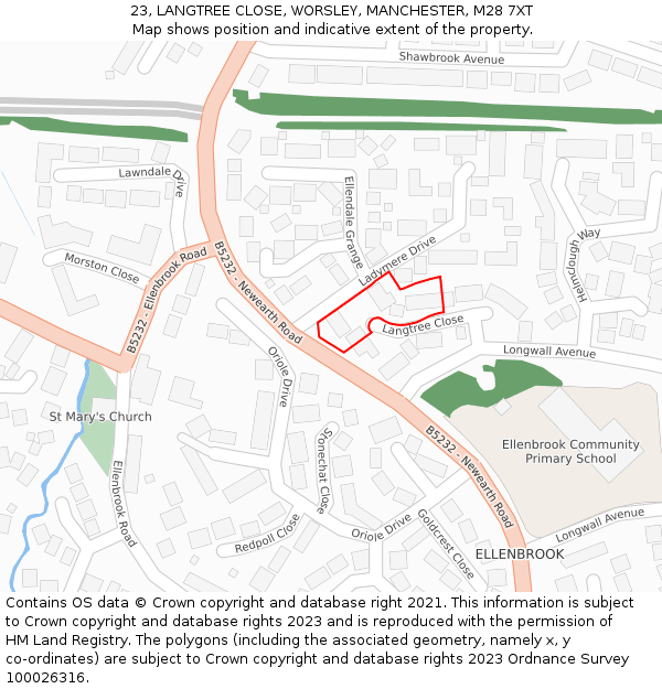 23, LANGTREE CLOSE, WORSLEY, MANCHESTER, M28 7XT: Location map and indicative extent of plot