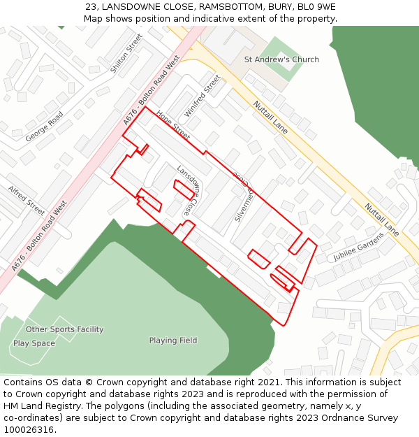 23, LANSDOWNE CLOSE, RAMSBOTTOM, BURY, BL0 9WE: Location map and indicative extent of plot