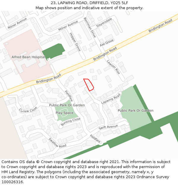 23, LAPWING ROAD, DRIFFIELD, YO25 5LF: Location map and indicative extent of plot