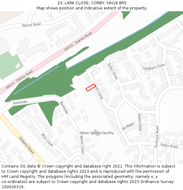 23, LARK CLOSE, CORBY, NN18 8RS: Location map and indicative extent of plot