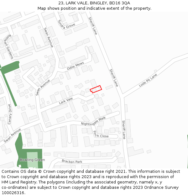 23, LARK VALE, BINGLEY, BD16 3QA: Location map and indicative extent of plot