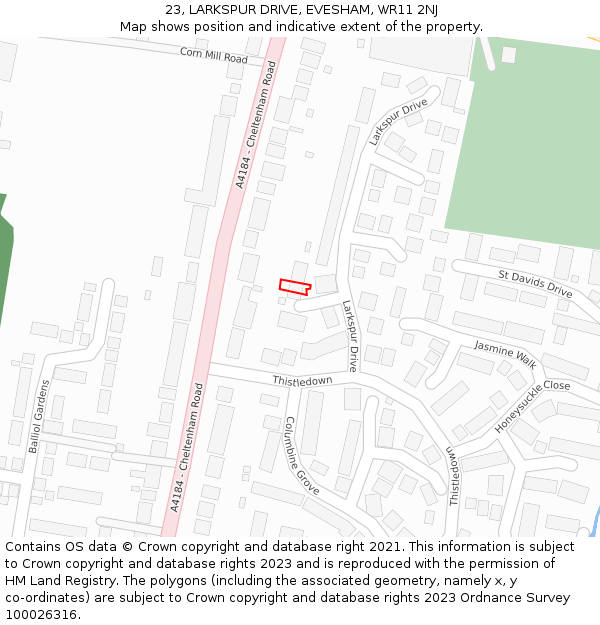 23, LARKSPUR DRIVE, EVESHAM, WR11 2NJ: Location map and indicative extent of plot