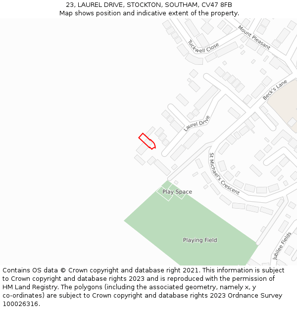 23, LAUREL DRIVE, STOCKTON, SOUTHAM, CV47 8FB: Location map and indicative extent of plot